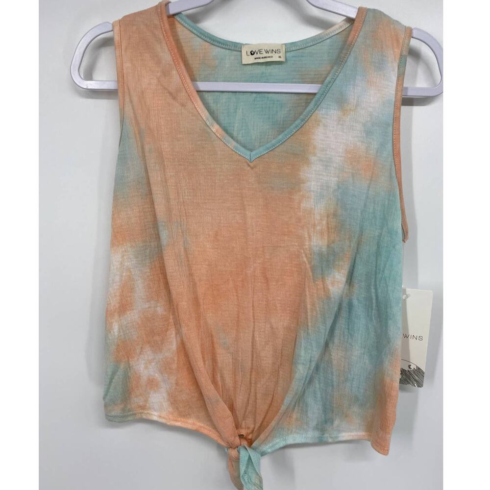 Love Wins Womens Tie Dye Sleeveless V-neck Front Knot Blouse NEW XL